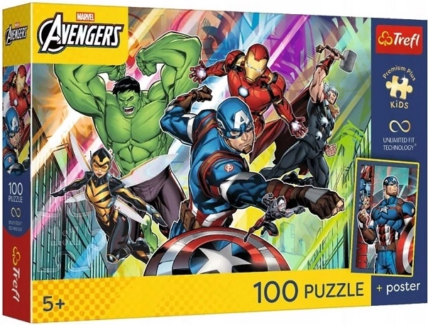 Puzzle per bambini Trefl Marvel Avengers 100 pezzi Forza e potere con poster
