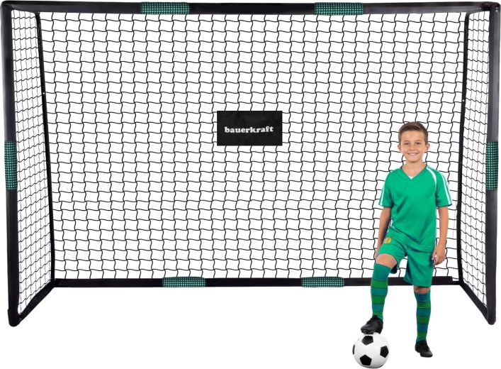 Porta da calcio Bauerkraft 300 × 200 × 120 cm con rete di allenamento nero-verde