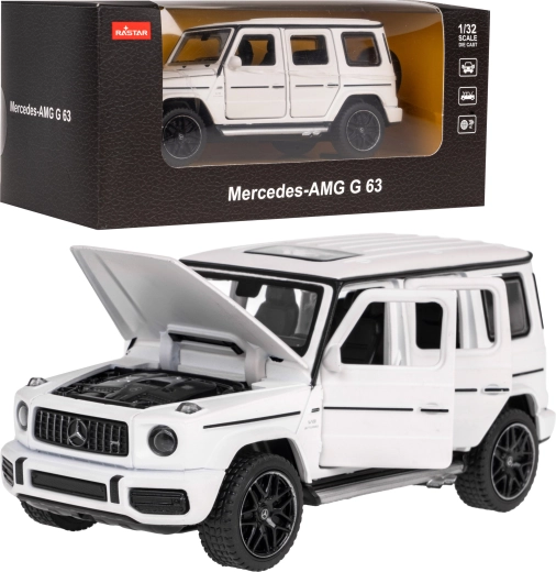 Modello di auto Mercedes‑AMG G 63 1:32 Rastar con carrozzeria in metallo ed elementi apribili – Bianca