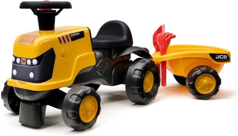 Spingicarro trattore JCB Fastrac con rimorchio, paletta e rastrello 1–3 anni