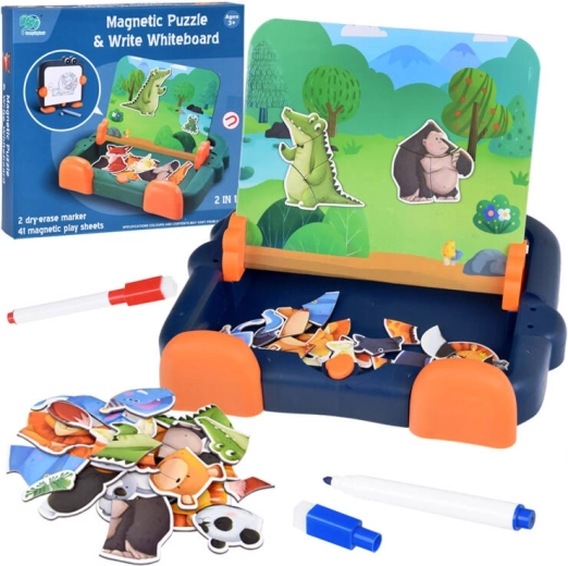 Lavagna magnetica 2 in 1 con puzzle magnetici di animaletti e superficie cancellabile per disegnare