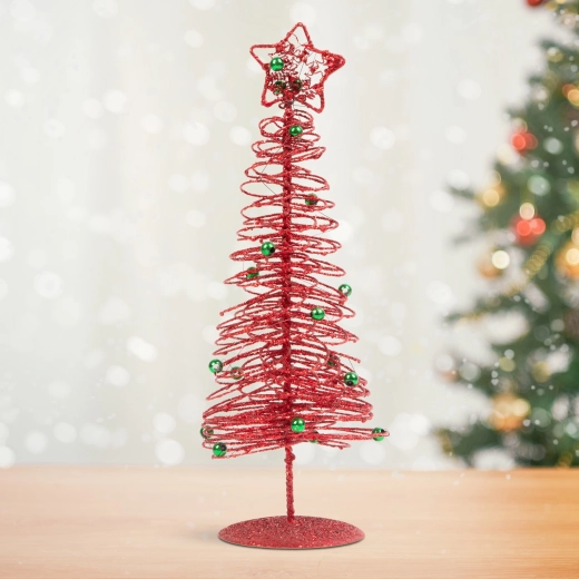 Albero di Natale in metallo rosso glitterato, 28 cm