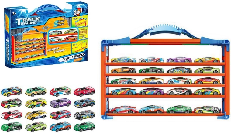 Set pista da corsa con loop invertiti e scaffale porta macchinine