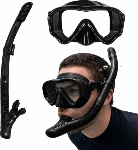 Set per snorkeling – maschera nera con vetro panoramico e snorkel a secco