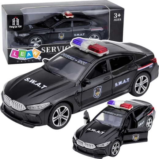 Auto della polizia SWAT con luci e suoni, porte apribili, nero