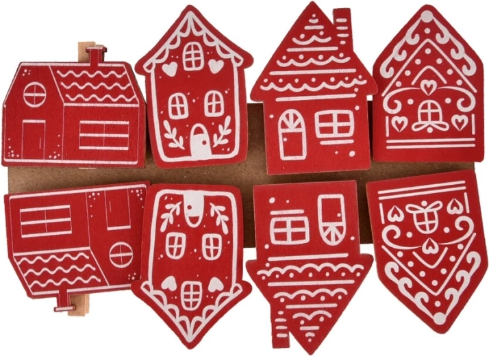 Mollette decorative in legno Casetta rosso/bianche 8 pz