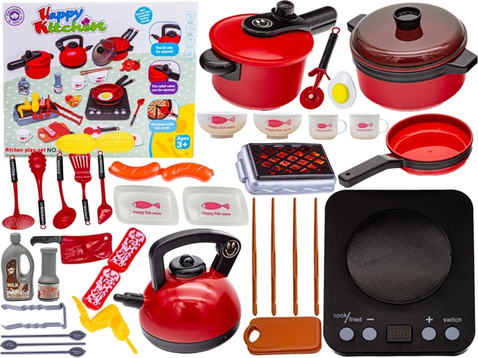 Set da cucina rosso per bambini per giocare a cucinare con piastra, pentole e accessori