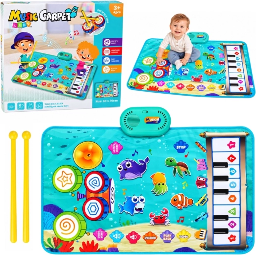 Tappeto musicale interattivo 2 in 1 con pianoforte e batteria, mondo sottomarino