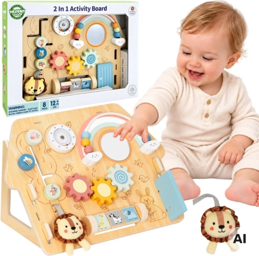 WOOPIE GREEN Tavola sensoriale in legno 2 in 1 a forma di casetta, 8 elementi
