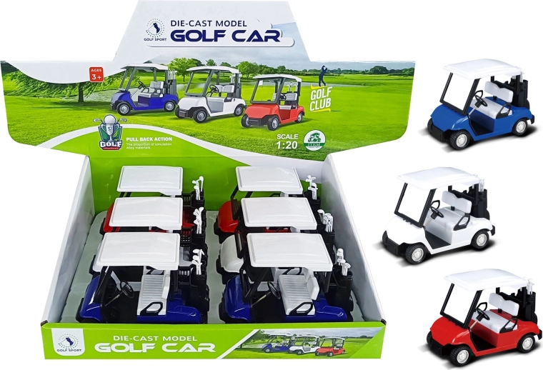 Modello in metallo di carrello da golf 1:20 con meccanismo a retrocarica (colori assortiti)