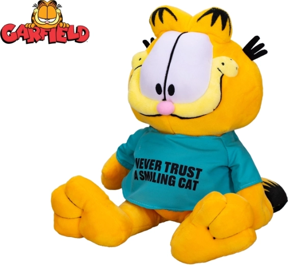 Gatto di peluche GARFIELD 28 cm – maglietta «Never trust a smiling cat»
