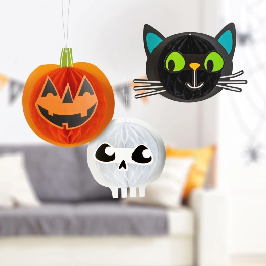 Set di lanterne di carta sospese per Halloween con zucca, gatto e teschio
