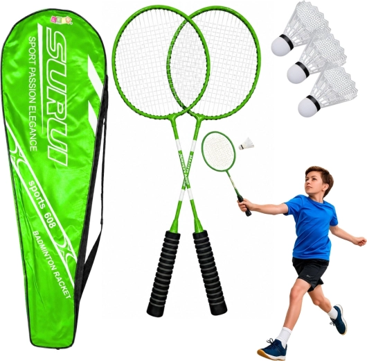Set da badminton verde: 2 racchette, 3 volani in plastica e borsa
