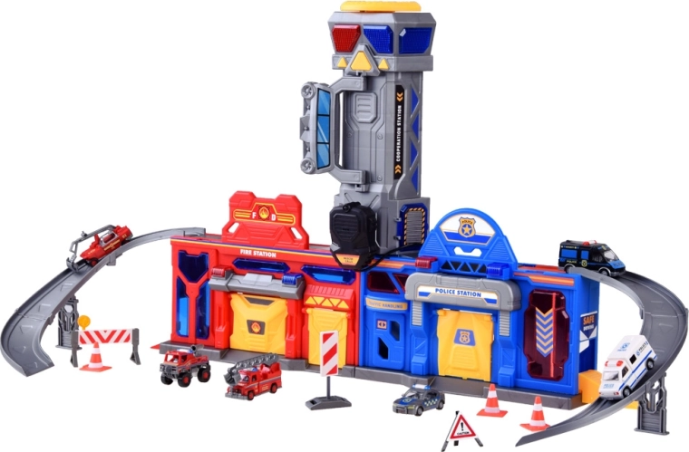 Mega Garage 2in1 Polizia e Vigili del Fuoco con Ascensore