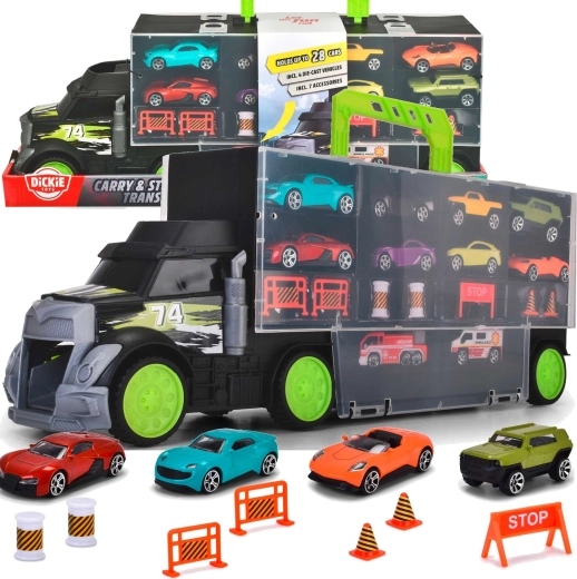 Trasportatore di auto Dickie Toys e valigetta con automobiline e accessori stradali