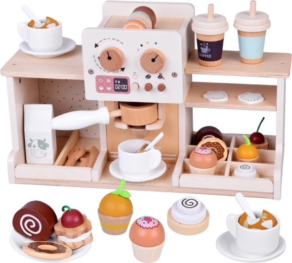 Caffetteria per bambini in legno con macchina da caffè e dolci