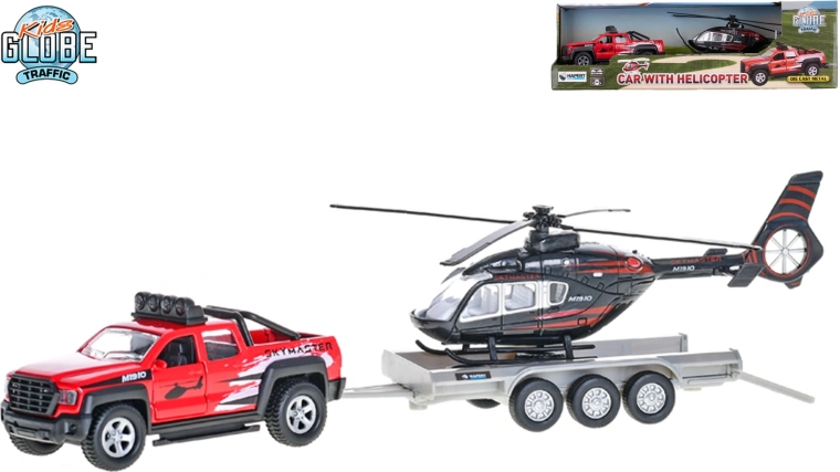Kids Globe Traffic auto fuoristrada con rimorchio ed elicottero a retrocarica
