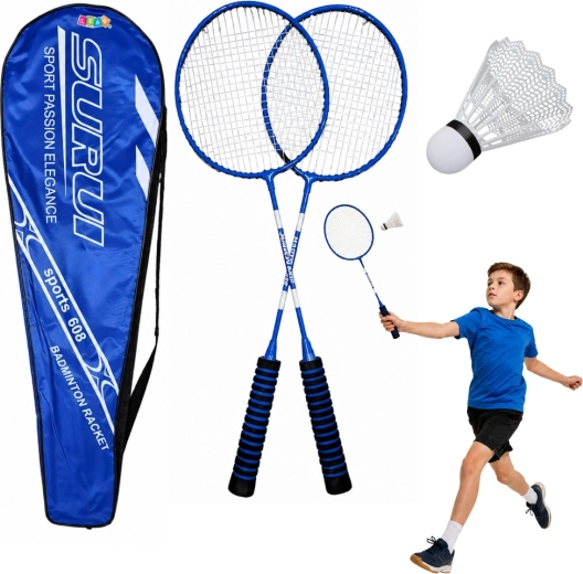 Set da badminton – 2 racchette, volano in plastica e custodia (blu)