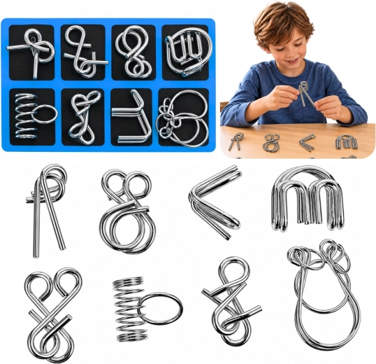 Puzzle logici in filo metallico con base blu – 8 pezzi