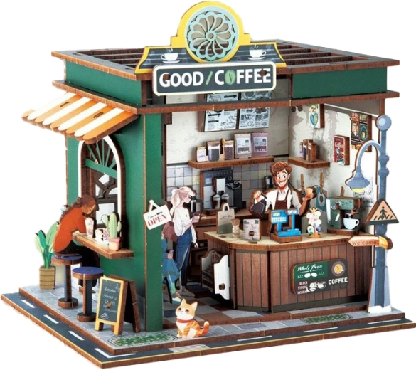 Kit di costruzione in legno 3D caffetteria con effetti luminosi 14,5 × 16 × 15,8 cm