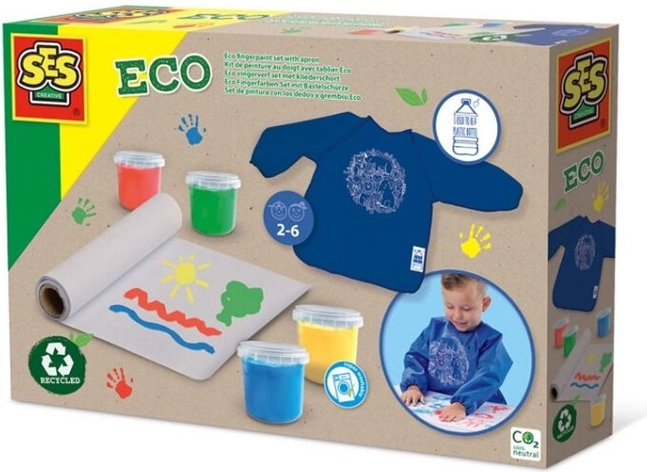 SES set eco di colori a dita con grembiule e rotolo di carta