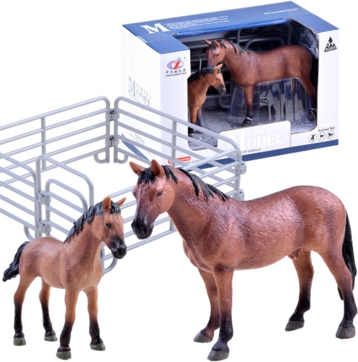 Set di figure di cavallo e puledro con recinto – Marrone – recinto con cancello