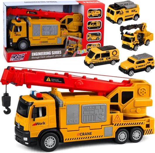 Autocarro giallo con gru e trasportatore di veicoli, luci e suoni (4 mini veicoli)