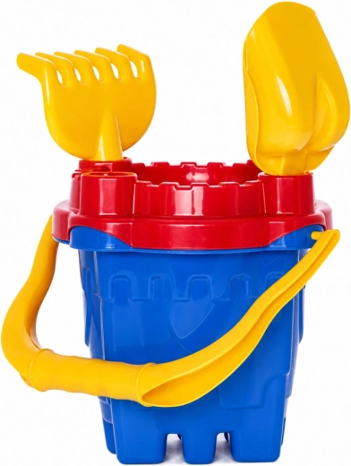 Set da sabbia castello – secchiello, setaccio, paletta e rastrello (4 pz)