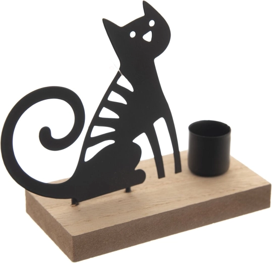 Portacandela in legno e metallo gatto marrone-nero