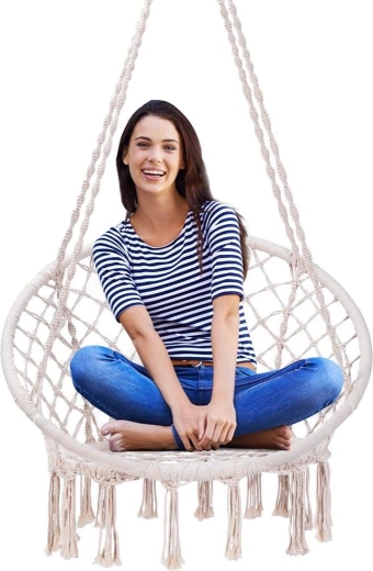 Altalena da giardino sospesa in azzurro – sedia a dondolo “nido di cicogna”, beige, portata 150 kg