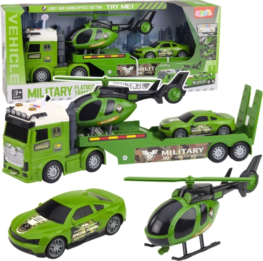 Set militare – camion con rimorchio, elicottero e auto con luci e suoni