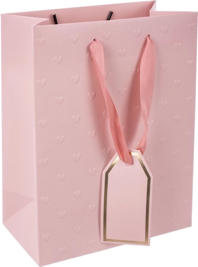 Borsa regalo in carta rosa con cuoricini in rilievo 18 × 10 × 23 cm