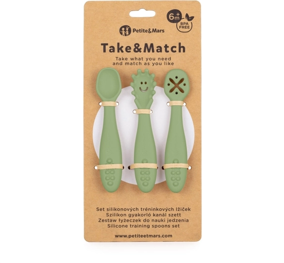 Petite&Mars cucchiaini da allenamento in silicone Take&Match Sweet Pea, 3 pz, 6m+