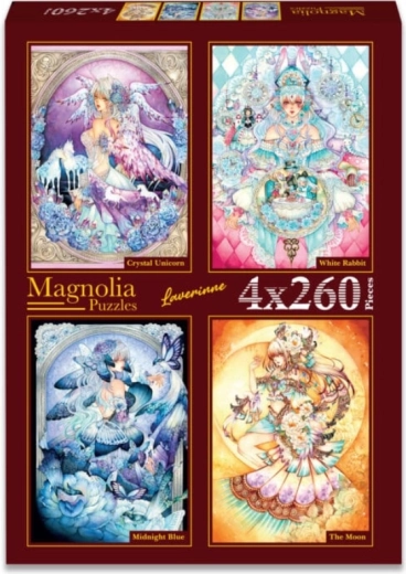 Puzzle Magnolia unicorno di cristallo, coniglio bianco, blu di mezzanotte e luna 4×260 pezzi
