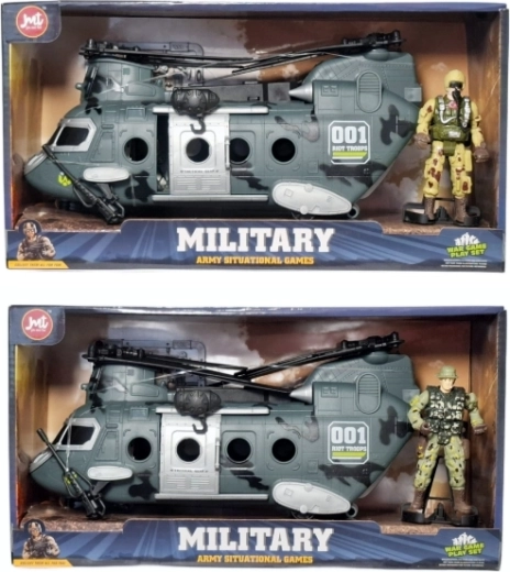 Elicottero da trasporto militare con luci e suoni con statuina di soldato