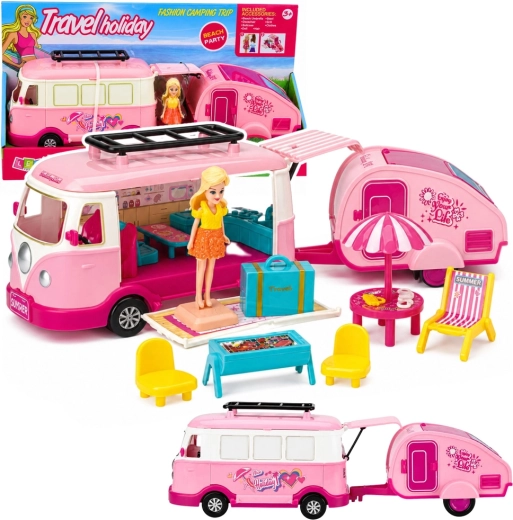 Camper da viaggio rosa con rimorchio, bambola e attrezzatura da campeggio