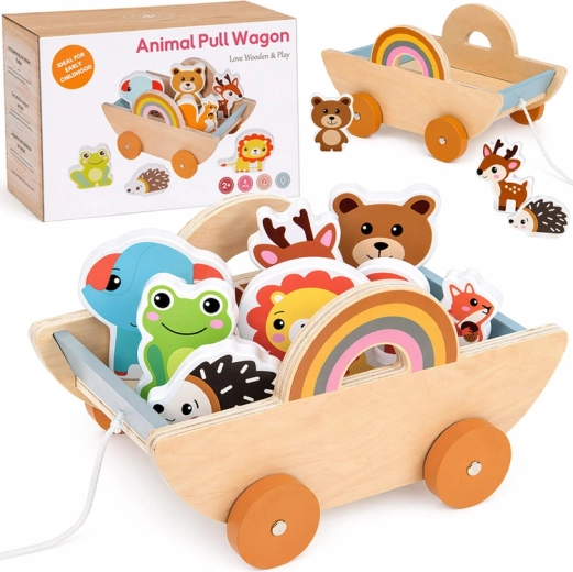 Carrellino trainabile in legno con 7 animaletti