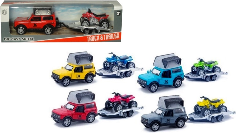 Auto fuoristrada in metallo con rimorchio e quad