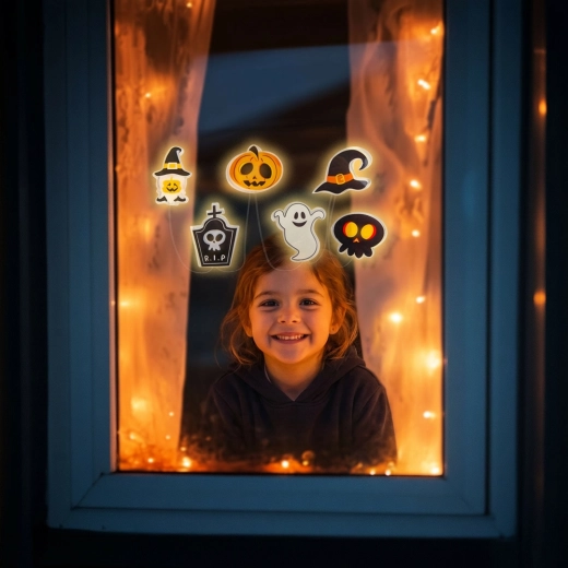 Decorazione LED per finestra di Halloween con zucche in gel 85 cm