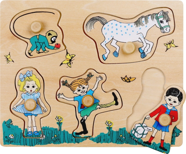 Puzzle in legno con pomelli e incastro di forme di Pippi Calzelunghe