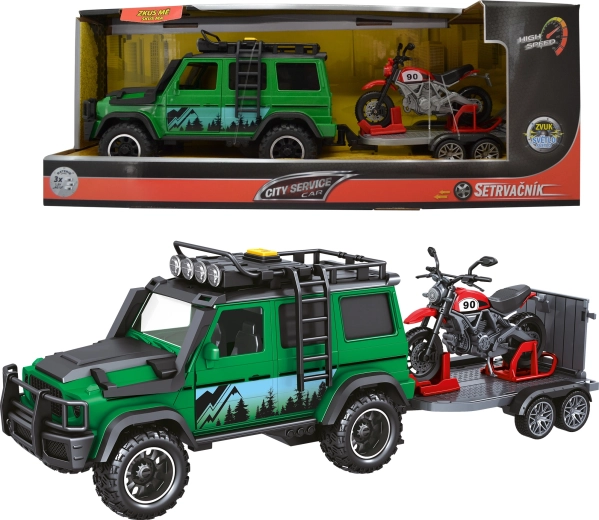 City Service Car veicolo della guardia forestale con rimorchio e moto 1:14 con suoni e luci