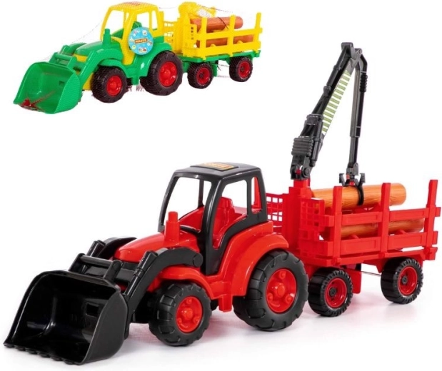 Trattore con pala frontale e rimorchio forestale