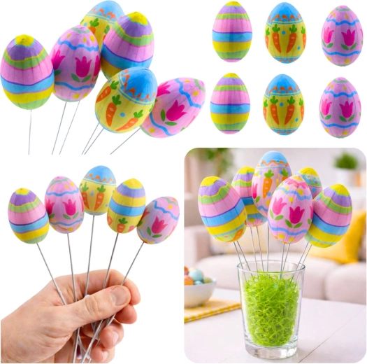 Uova decorative pasquali su filo con motivo di carote e tulipani - 6 pezzi