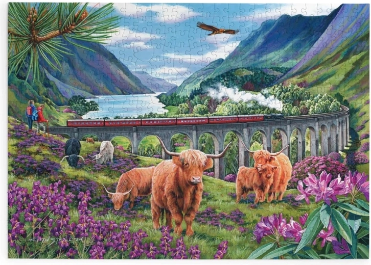 Puzzle Mucche scozzesi vicino al viadotto, 500 pezzi grandi