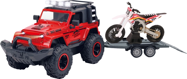 Auto fuoristrada con rimorchio e moto con effetti luminosi e sonori 43 cm