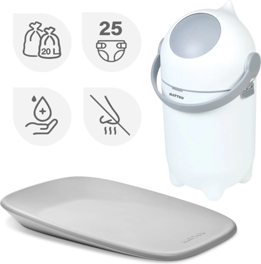 Set Nattou: cestino per pannolini Dropy e fasciatoio Softy 50 × 70 cm bianco/grigio