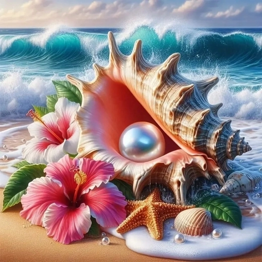 Pittura con i numeri Bella conchiglia con perla sulla costa 40 × 50 cm