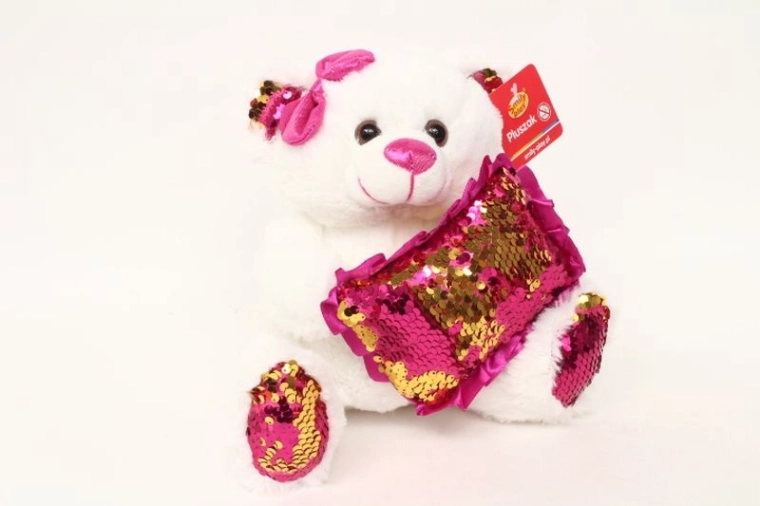 SmilyPlay Orsetto di peluche bianco con cuscinetto rosa con paillettes