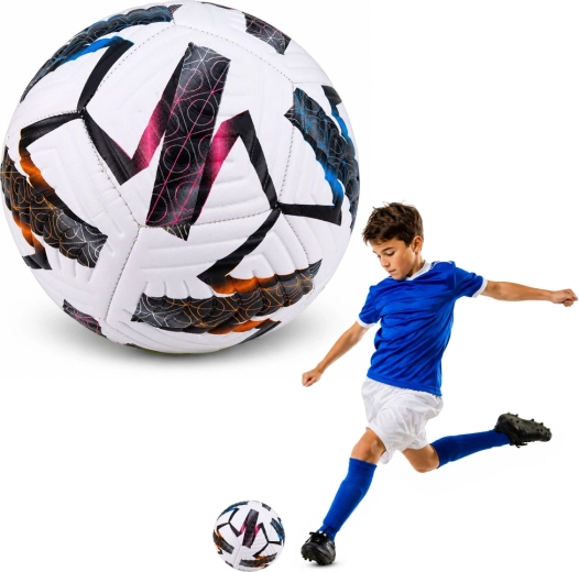 Pallone da calcio da allenamento misura 5, bianco con motivo multicolore (22 cm)