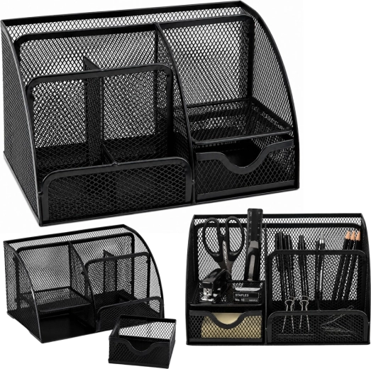 Organizer da scrivania in metallo a rete con cassetto, nero